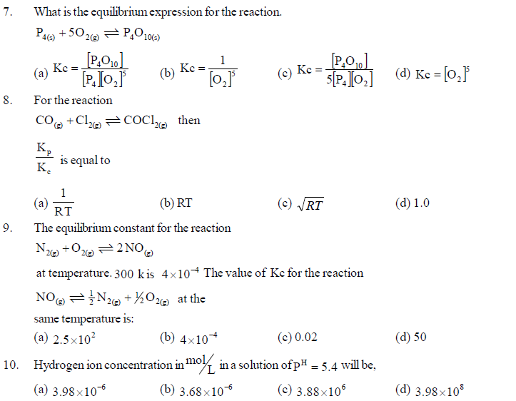 NEET UG Chemistry Equilibrium MCQs, Multiple Choice Questions